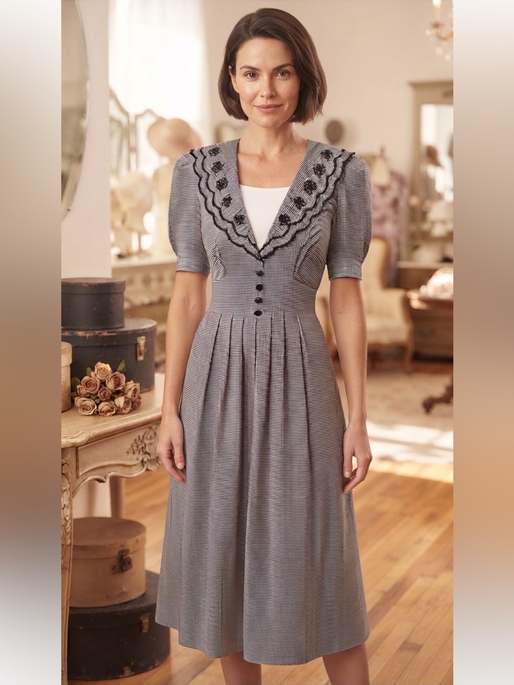 Rare Vintage Y2K 1980’s Midi Flower Collar Dress